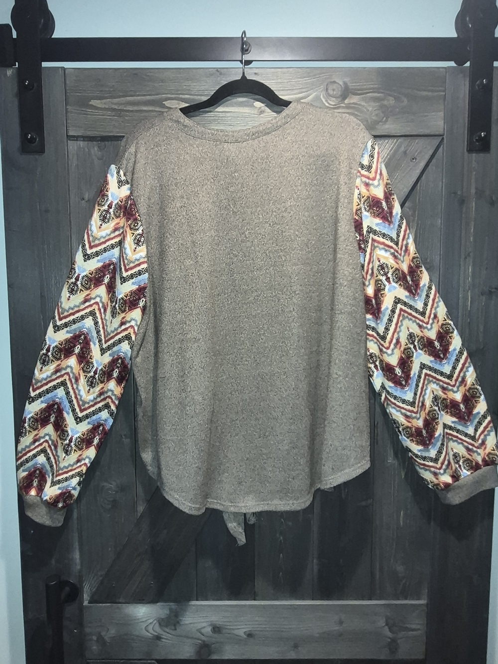 Cato Brown Tie-Front Sweatshirt with Multicolor Chevron Balloon Sleeves - Picture 6 of 6